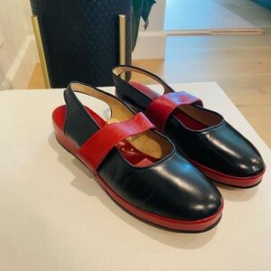 Re-Mix Shoe Co Vintage Style Sz 11 Leather Black  Red Platform Wedge Slingback